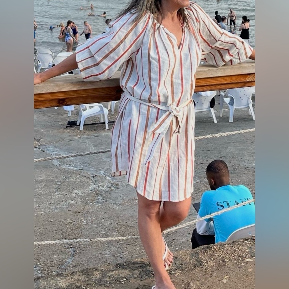 LOFT Beach Striped Cream Orange V-Neck Tunic Cover Up with Belt